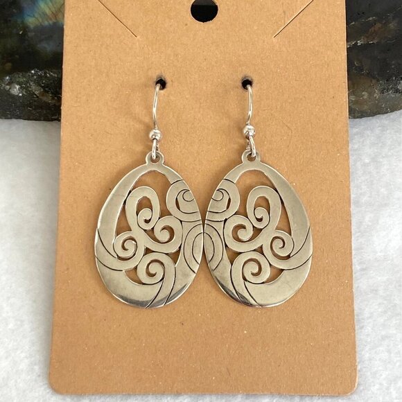Solid Sterling Silver 925 Thailand Open Scrollwork Teardrop Dangle Drop Earrings - Picture 1 of 16